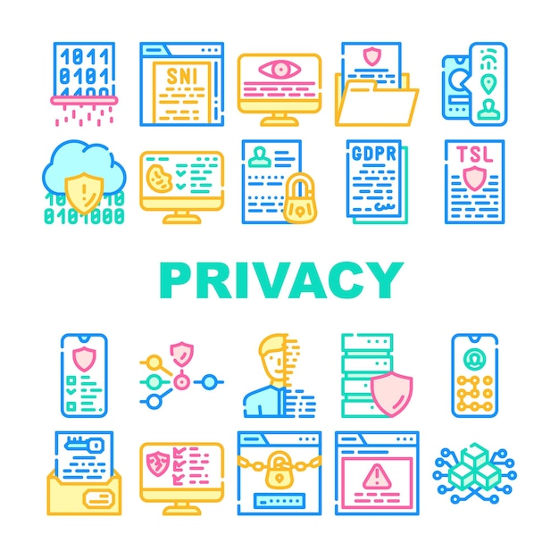 Privacy Policy Protect Collection Icons Set Vector Biometric Data Protection And Privacy Police Digital Portrait And Encryption Key Concept Linear Pictograms Contour Color Illustrations