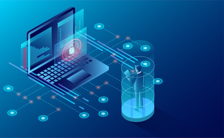 Vector privacy protection concept. businessman protect data and confidentiality safety
