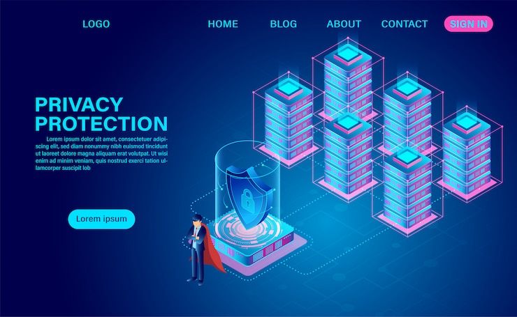 Vector privacy protection and security are confidential data from thefts data and hacker attacks . web header template. flat isometric   illustration