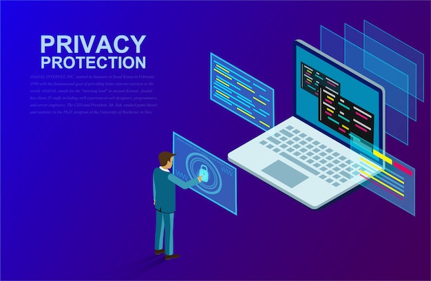 ビジネスマンとの開発のためのプライバシー保護とソフトウェアは、高いセキュリティを備えたコンピュータの前に立ちました。