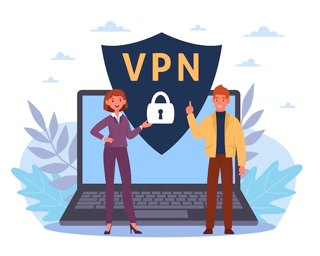 Вектор Система конфиденциальности для защиты данных частной сети vpn крошечные люди и огромный ноутбук с защитой sing программное обеспечение для компьютеров и смартфонов безопасный вектор веб-трафика мультфильм плоская концепция