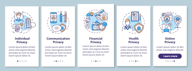 プライバシータイプの概念を含むオンボーディングモバイルアプリのページ画面。コミュニケーションと健康のプライバシー。ウォークスルーステップのグラフィックの説明。 rgbカラーイラストのuiテンプレート