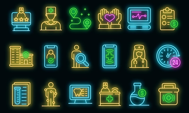 Private clinic icons set. Outline set of private clinic vector icons neon color on black