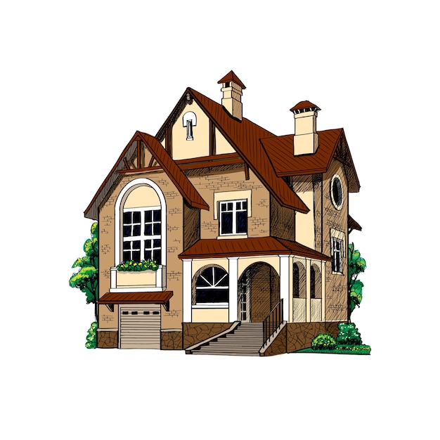 Private country house cottage on white background  illustration