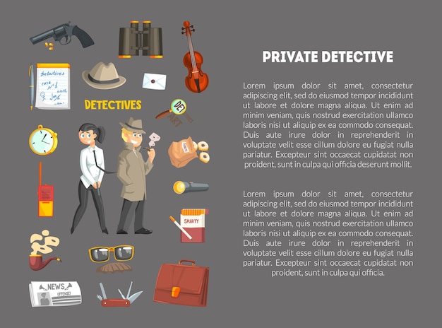 Private Detective Banner Template met plaats voor tekst Detective Agency Crime Investigation Onderzoekers met apparatuur op het werk Vector Illustration Web Design