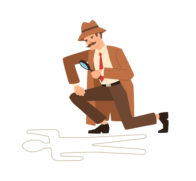 Private detective look through magnifying glass at crime scene vector flat illustration. professional cartoon inspector hold magnifier near dead body isolated on white. secret agent finding evidence.