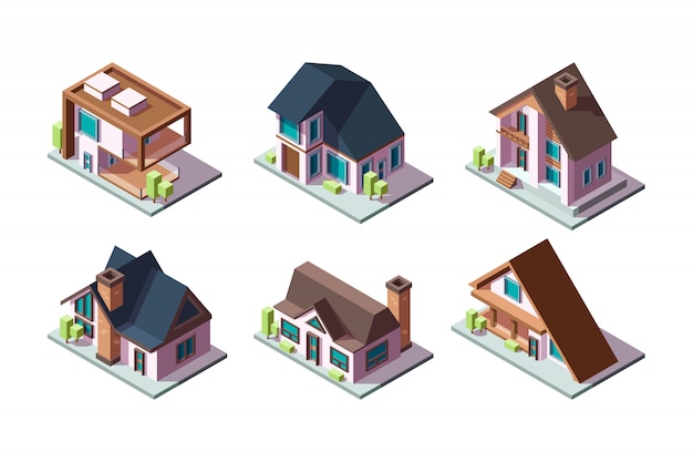 Private house. residential modern buildings  low poly constructions isometric  collection