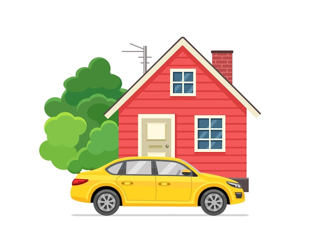 Вектор Частный дом с машиной и деревом. сельская жизнь. векторная иллюстрация на белом фоне.