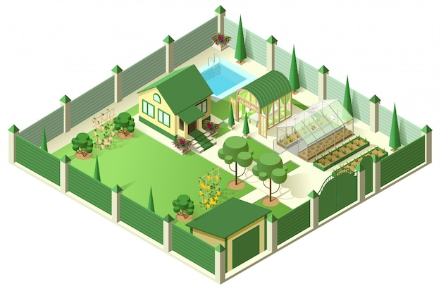 Vector private house yard with plot of land behind high fence. isometric 3d illustration