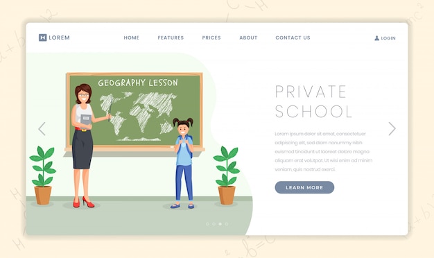 Vector private school lesson landing page template