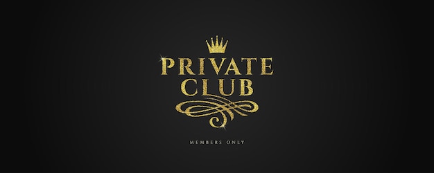 Privéclub glitter gouden logo met kroon en bloeit element