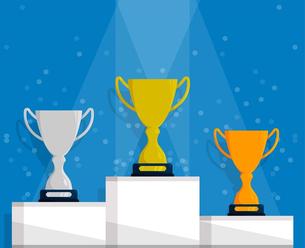 Vector prize sports cup for participation in sports competitions award to winner of tournament gold silver and bronze cups on podium vector in flat style