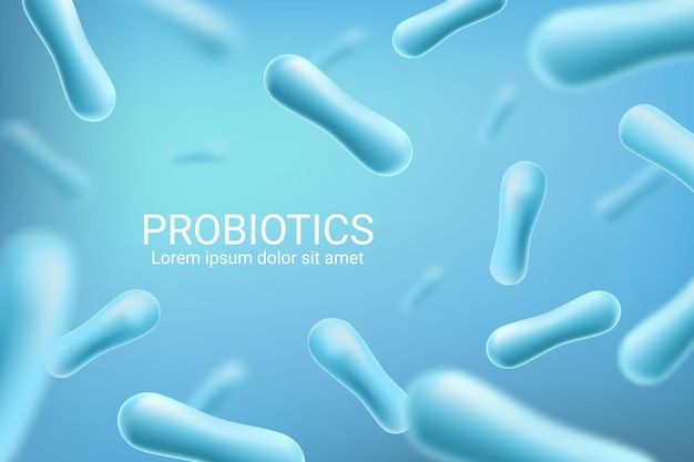 Vector probiotic bacteria, lactobacillus acidophilus and bifidobacterium lactis 3d background. blue bacillus, good bacteriums and microbes microscopic view of bifidobacteria, gut flora probiotics