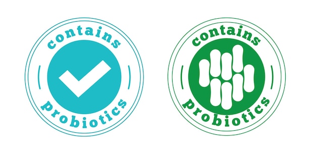 Пробиотическая иконка печать или пребиотические бактерии этикетка этикетки продукта символ зеленого синего цвета