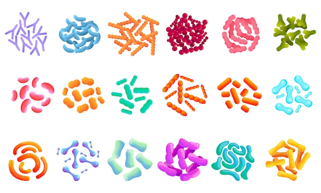 Probiotica iconen set, cartoon stijl