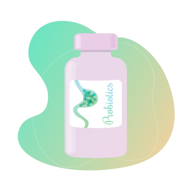 Probiotics bottle with stomach and bacteria on abstract bacground, mockup.