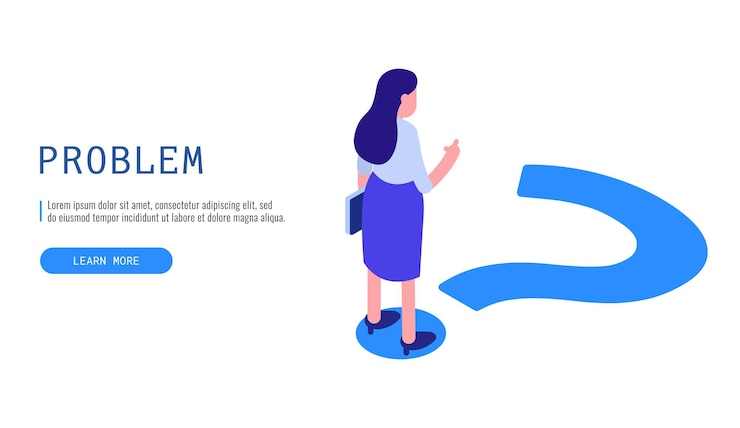 Vector problem concept. woman thinking about the problem. isometric vector web banner.