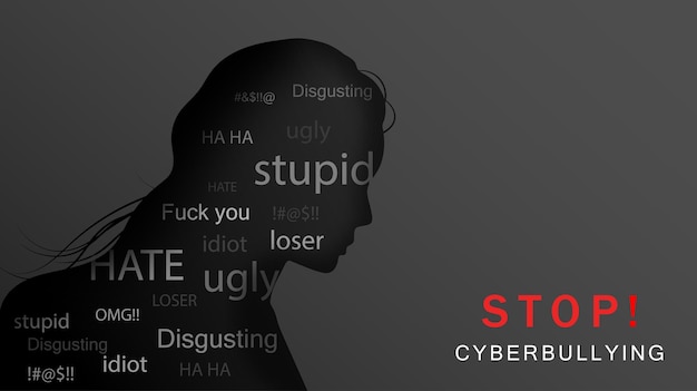 Problem cyberbullying concept with woman head silhouette in paper cut style