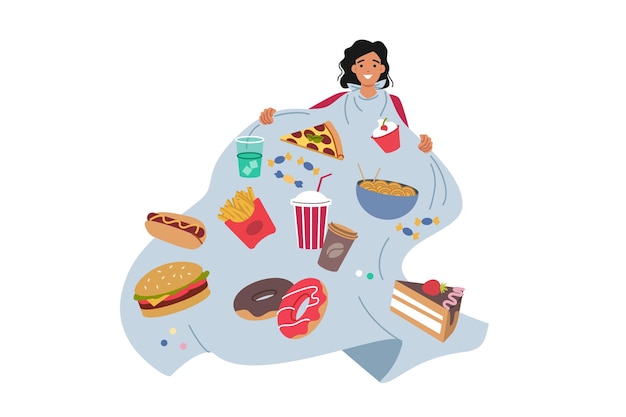 problem of gluttony and overeating in woman addicted to junk food and soda that destroys health