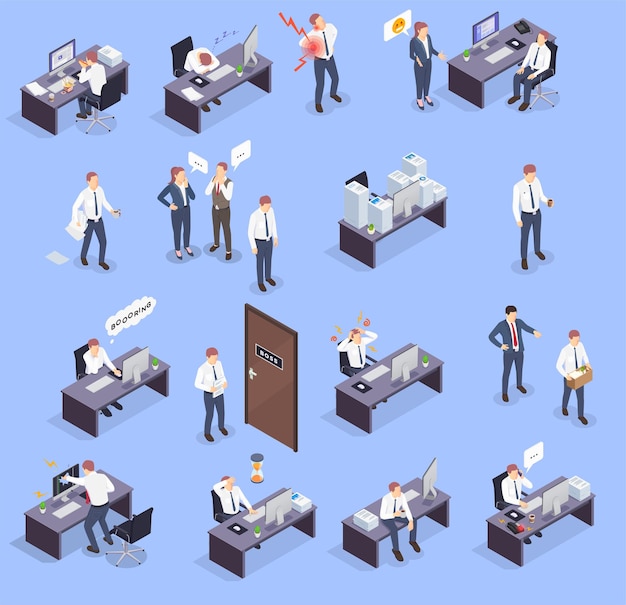 職場での問題の状況等尺性アイコンは、職場でのオフィスのストレスの例のベクトル図で男と設定