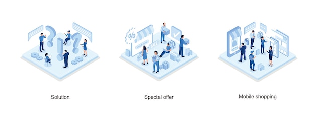 Problem and solution Discount sale concept with characters Online shopping set isometric vector illustration