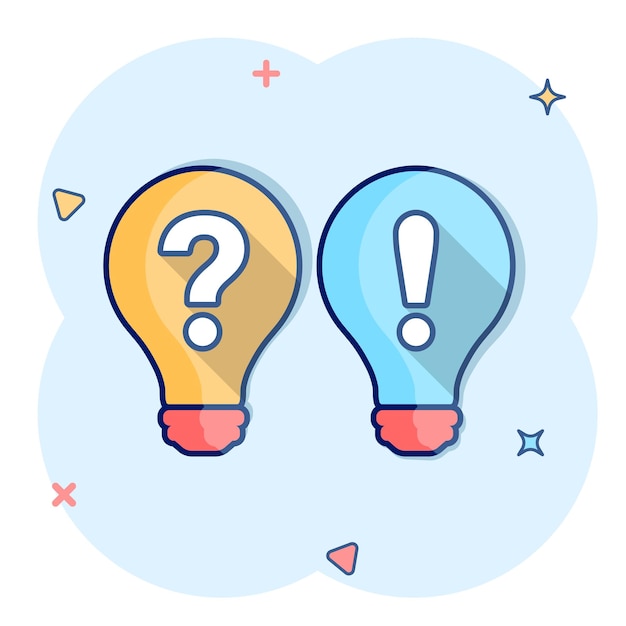 Problem solution icon in comic style Light bulb idea vector cartoon illustration on isolated background Question and answer business concept