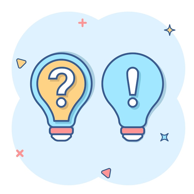 Problem solution icon in comic style Light bulb idea vector cartoon illustration on isolated background Question and answer business concept