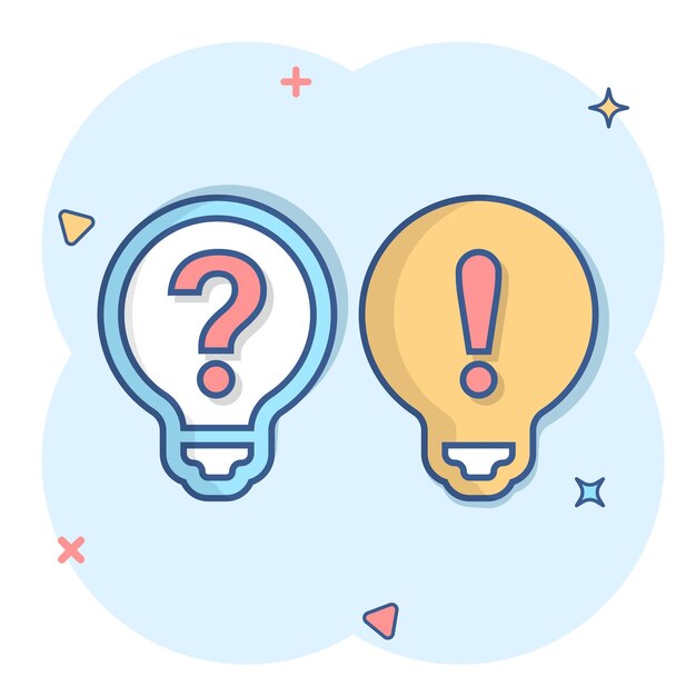 Problem solution icon in comic style Light bulb idea vector cartoon illustration on isolated background Question and answer business concept