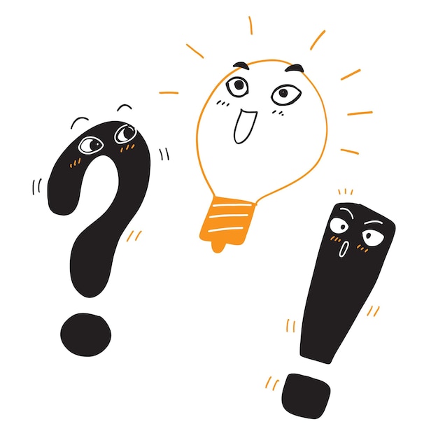 手描きスタイルの問題解決アイコン。白い孤立した背景の上の電球のアイデアベクトルイラスト。質問と回答のビジネスコンセプト。