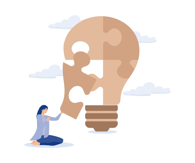 Problem solver, smart businessman solving lightbulb idea puzzle by connecting last jigsaw piece,