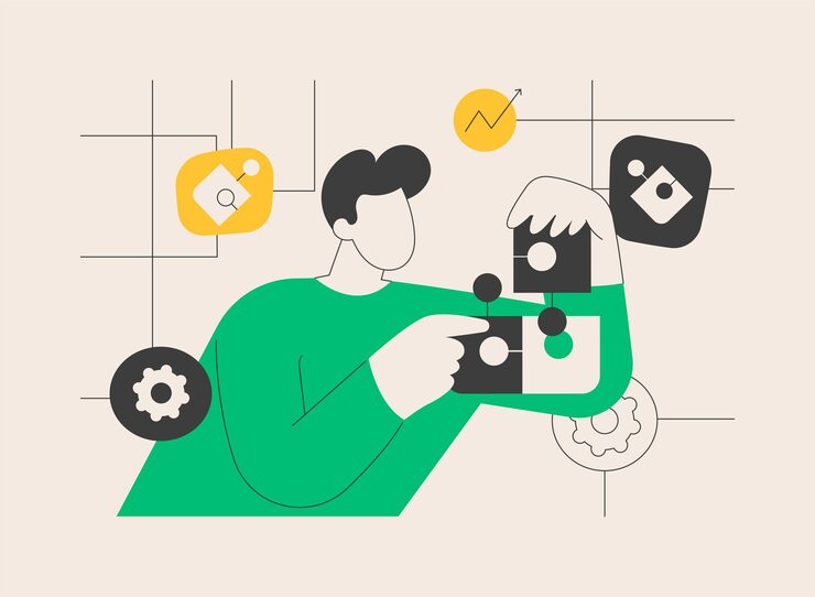 Vector 문제 해결: 추상적인 개념, 터 일러스트레이션, 문제 해결 기법, 전략 개발, 솔루션 찾기, 방법, 비판적 사고, 의사 결정 능력, 추상적인 비유