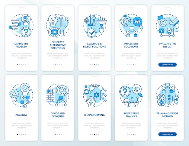 Problem solving blue onboarding mobile app page screen with concepts set