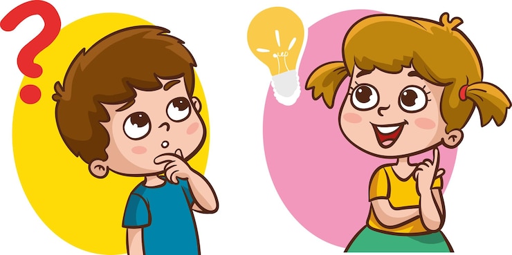 Vector problem solving concept cute kid boy thoughtful ask question confused kid and happy to understand