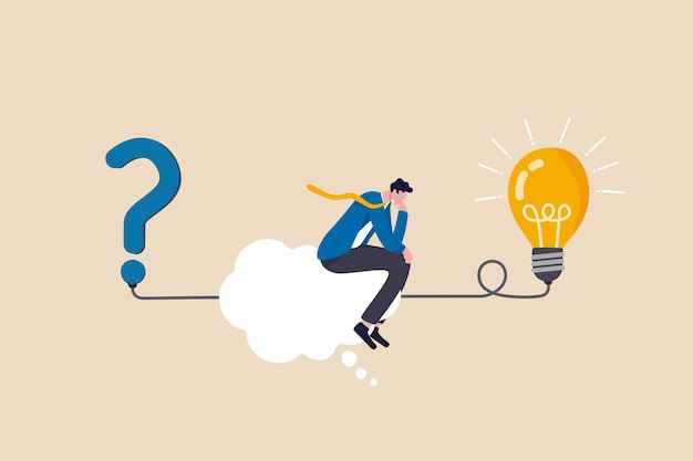 Problem solving skill, critical thinking or finding solution to solve problem, answer question, creativity or imagination, businessman on thinking bubble connect question mark to lightbulb solution.