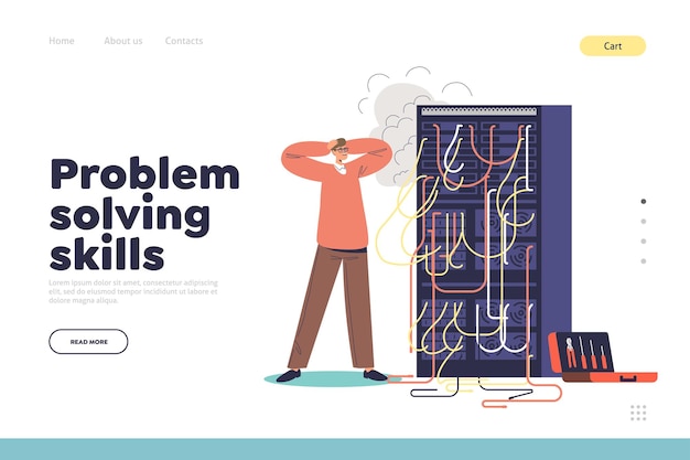 Problem solving skills concept of landing page with worried sysadmin look at burning computer server