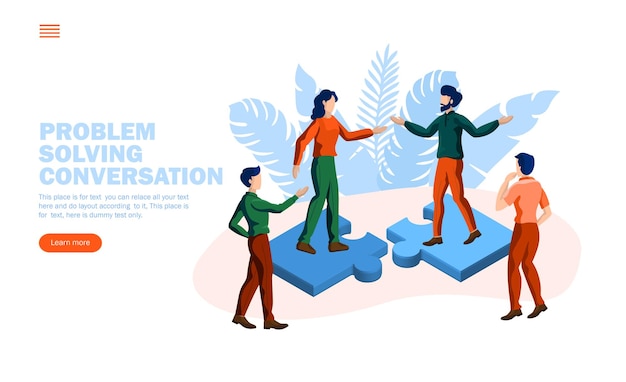 Problem solving with jigsaw and team conversation vector illustration concept