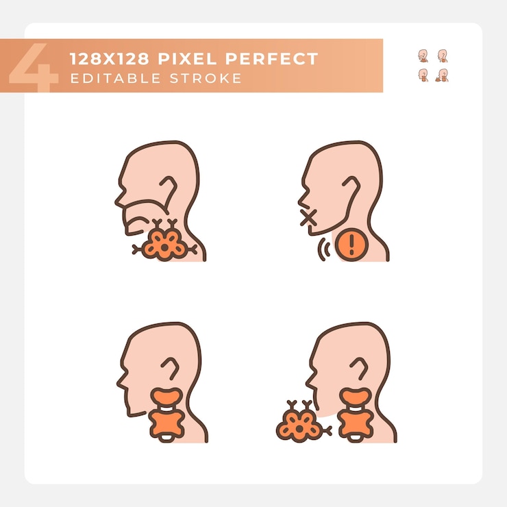 Vector problem with throat treatment pixel perfect rgb color icons set