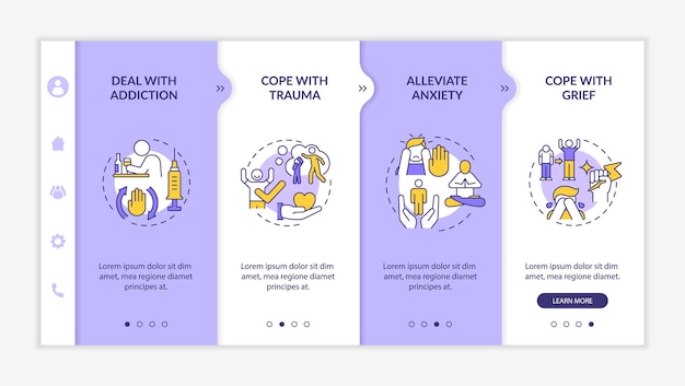 그룹 보라색 및 흰색 온보딩 템플릿에서 해결해야 할 문제. 경감. 선형 개념 아이콘이 있는 반응형 모바일 웹사이트입니다. 웹 페이지 연습 4단계 화면. Lato-Bold, 일반 글꼴 사용