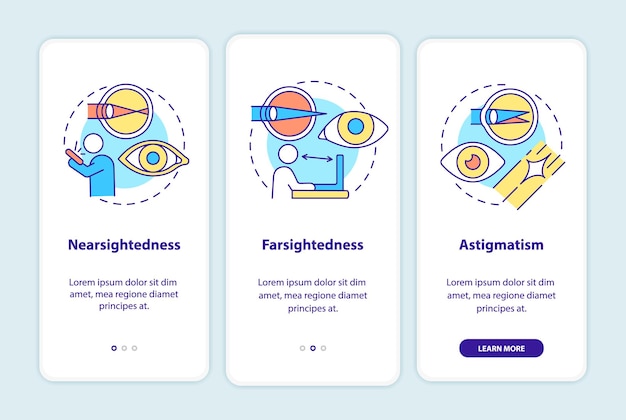 problems to treat with the laser onboarding mobile app page screen. eye surgery walkthrough 3 steps graphic instructions with concepts. ui, ux, gui vector template with linear color illustrations