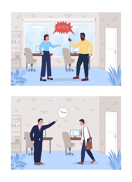 Problems at work flat color vector illustration set. Bad communication. Employee late to office. Colleagues 2D cartoon characters with corporate workplace interior on background pack