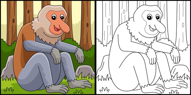 Proboscis Monkey Animal Coloring Page Illustration