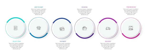 Proces van online winkelen met 6 stappen. Stappen zakelijke tijdlijn proces infographic presentatie te