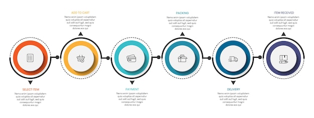 Proces van online winkelen met 6 stappen. Stappen zakelijke tijdlijn proces infographic sjabloon