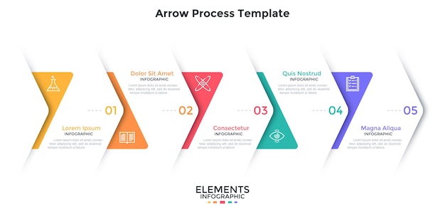 Procesgrafiek met 5 overlappende witte pijlen van papier die in een horizontale rij zijn geplaatst. concept van vijf stappen van bedrijfsstrategie. platte infographic ontwerpsjabloon. eenvoudige vectorillustratie voor presentatie.