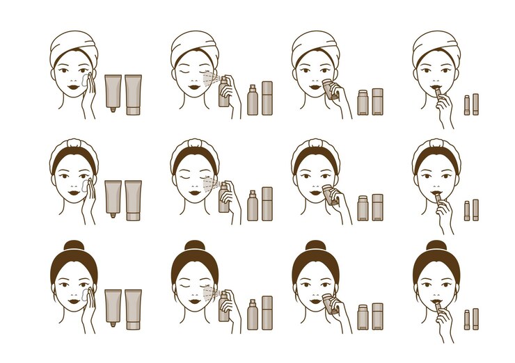 Vector process of applying suncream sun spray sun stick sun lip balm cosmetic woman character sunscreen
