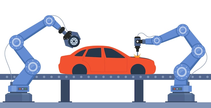 Vector process of automated car production wehicle parts on the machinery line with robotic hands