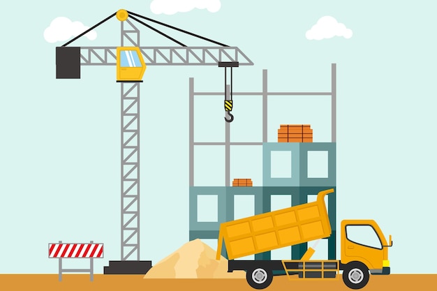 The process of building construction work with construction machines. Vector illustration in flat style