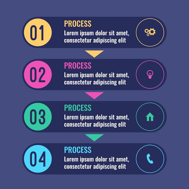 Elabora il grafico infografico aziendale con passaggi che si susseguono uno dopo l'altro