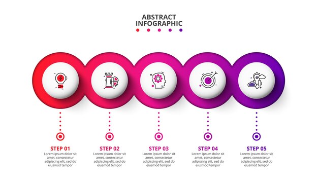 Diagramma di processo con 5 cerchi sovrapposti disposti in riga orizzontale. modello di progettazione infografica.