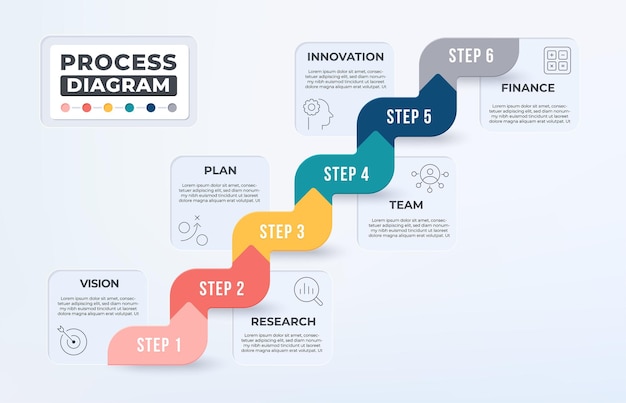 Vector process diagram infographic with 6 business icon step up to goal concept